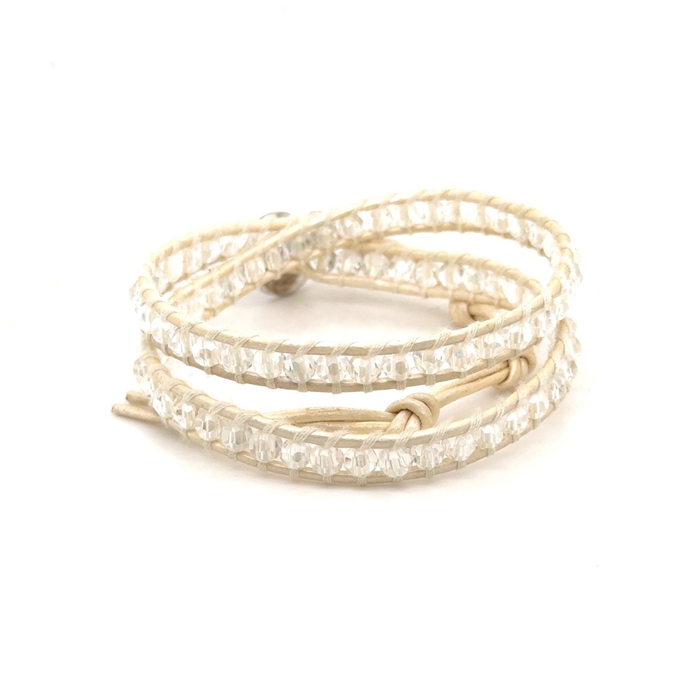 Victoria Emerson Clear Crystal Bead Cream Leather Double Wrap Bracelet